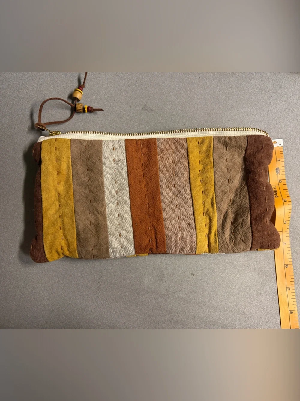 Hand dyed / quilted linen pouch with zipper/ zipper ties with beads
